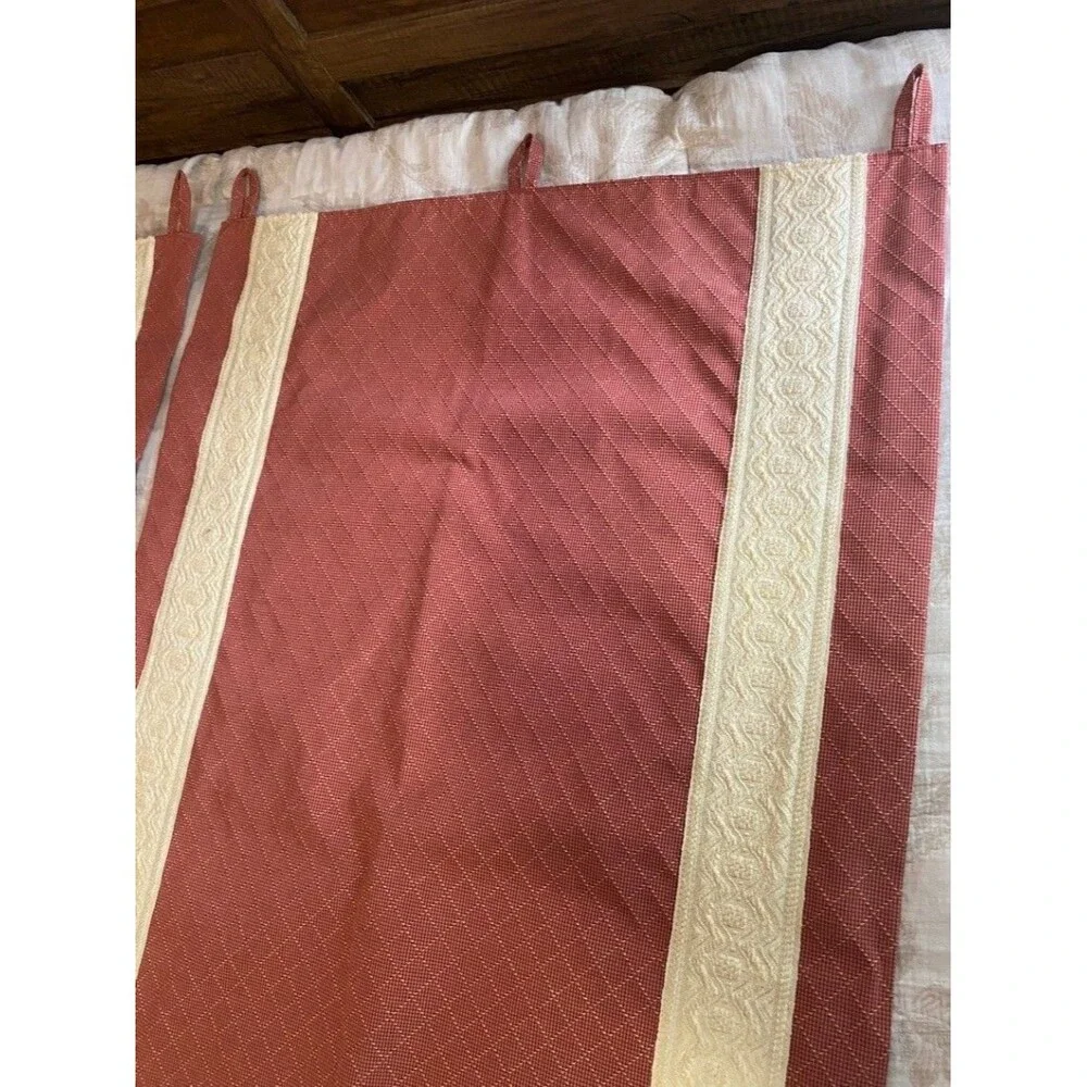 Pair of Lee Jofa Red Embroidered Tab Top Curtain Panels Lined Decorative Trim